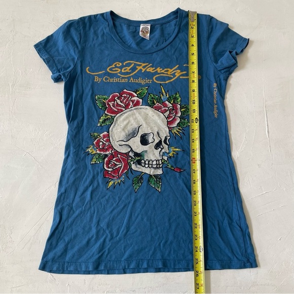 Ed Hardy Skull Rose Blue Tee Rhinestone by Christian Audigier Size M - Picture 7 of 11